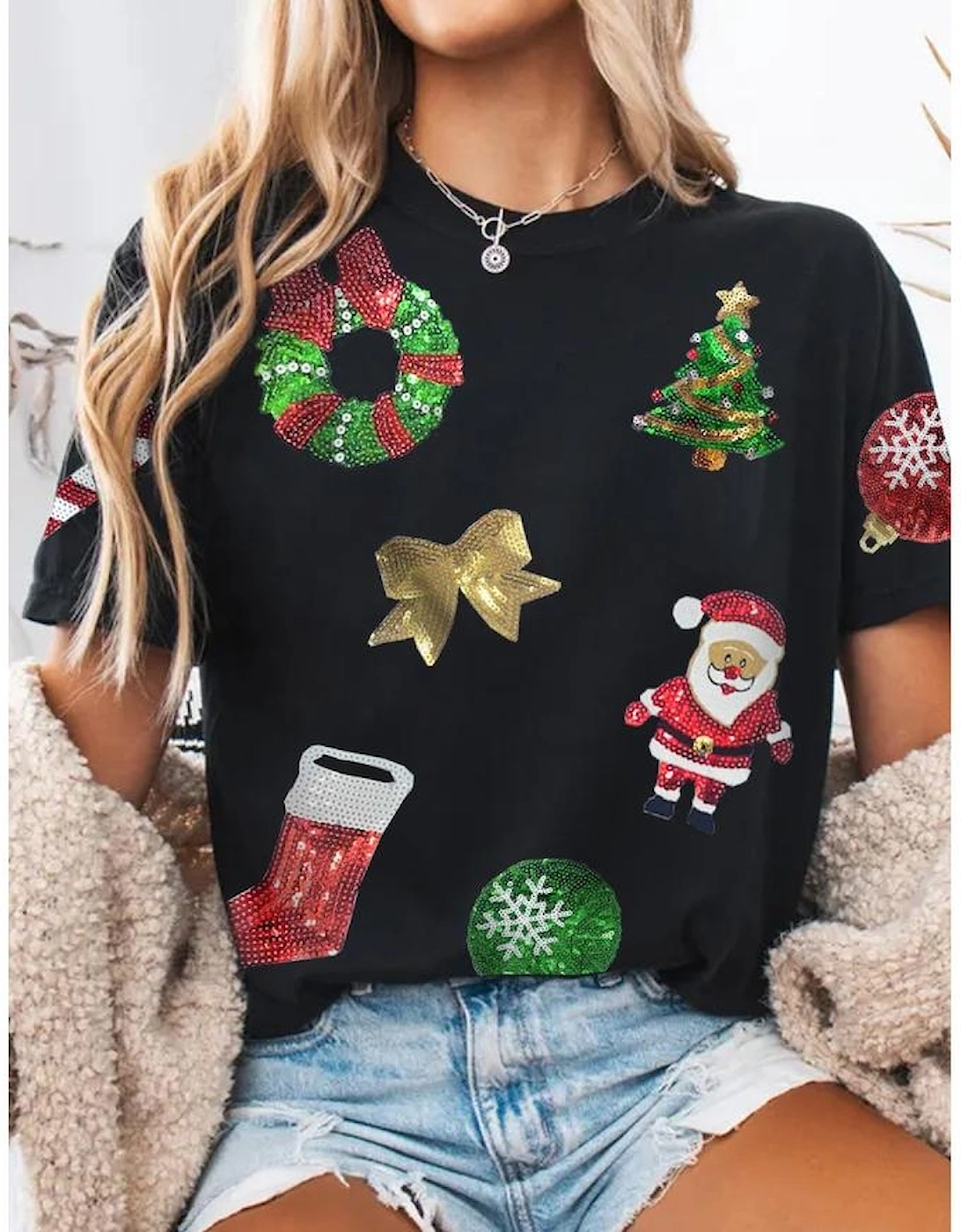 Black Sequin Christmas Essentials Graphic Crewneck T Shirt