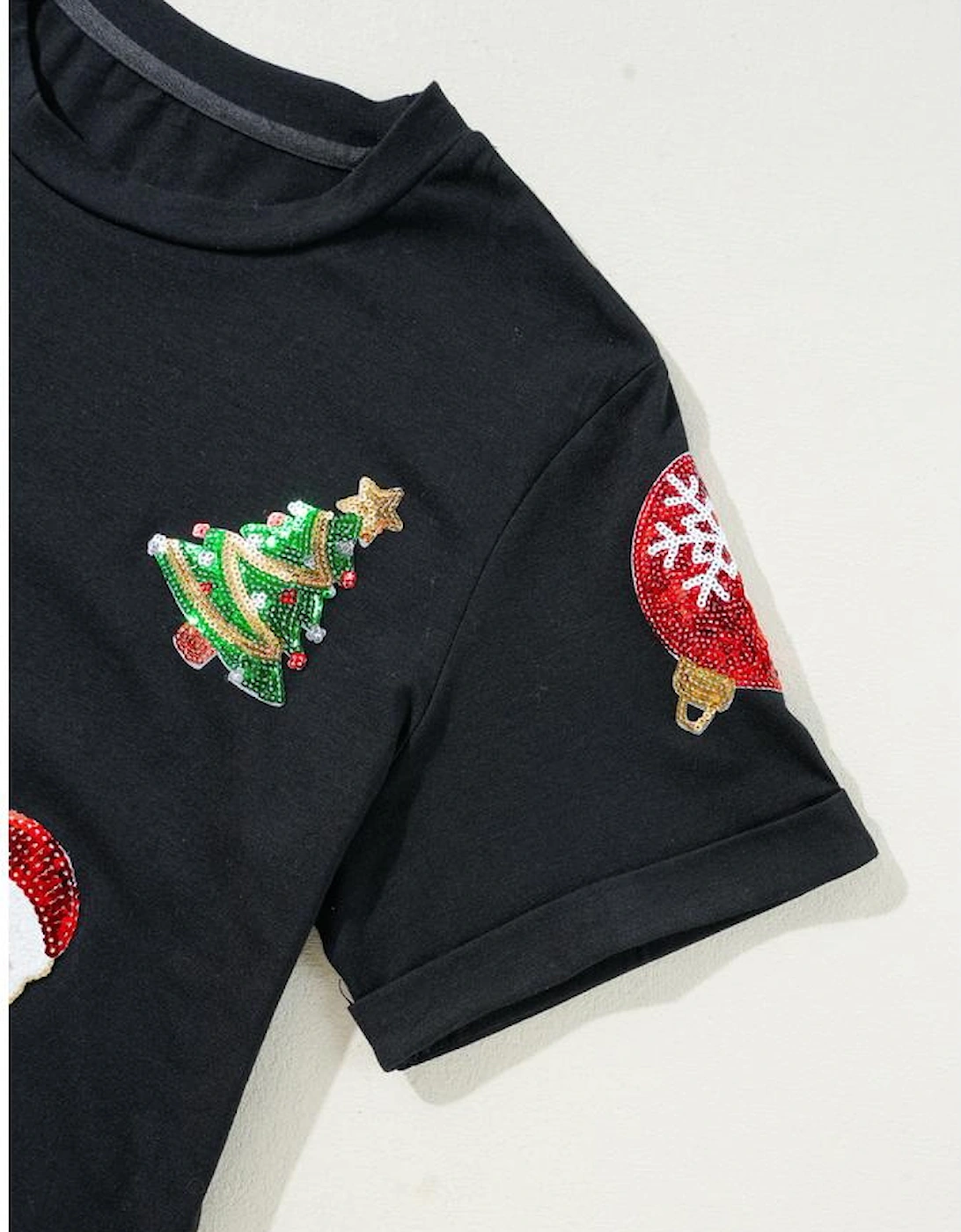 Black Sequin Christmas Essentials Graphic Crewneck T Shirt