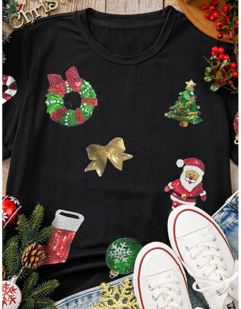 Black Sequin Christmas Essentials Graphic Crewneck T Shirt