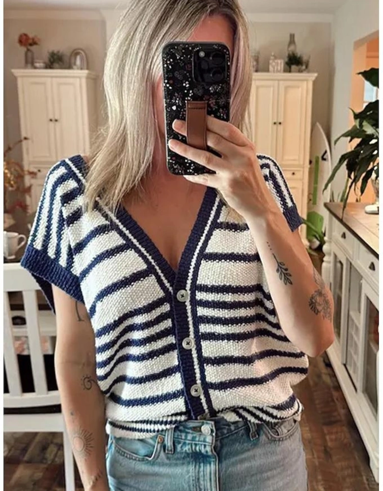 Blue Stripe Loose Buttoned V Neck Sweater Vest