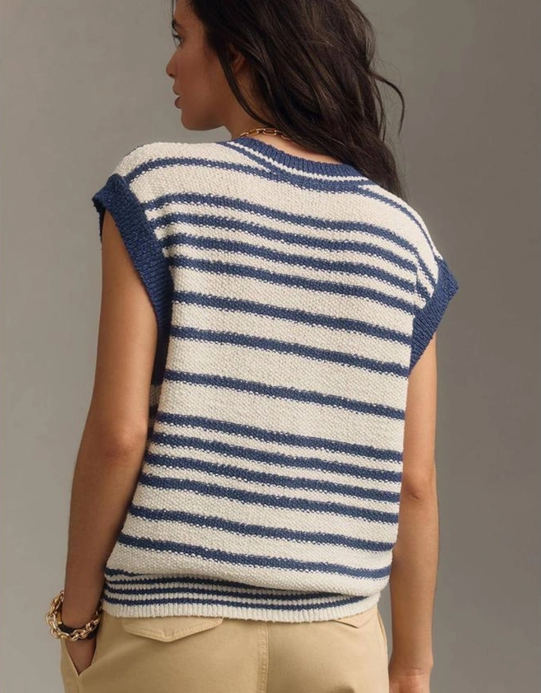 Blue Stripe Loose Buttoned V Neck Sweater Vest