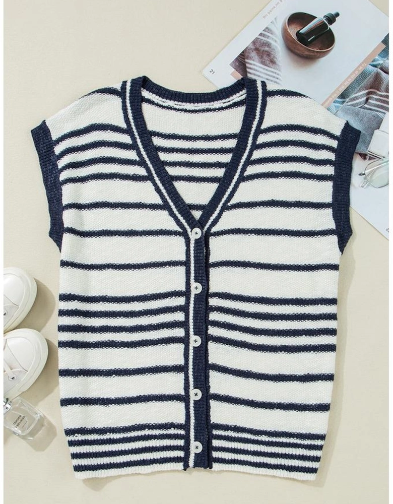 Blue Stripe Loose Buttoned V Neck Sweater Vest