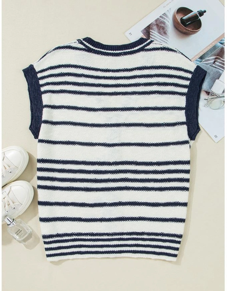 Blue Stripe Loose Buttoned V Neck Sweater Vest