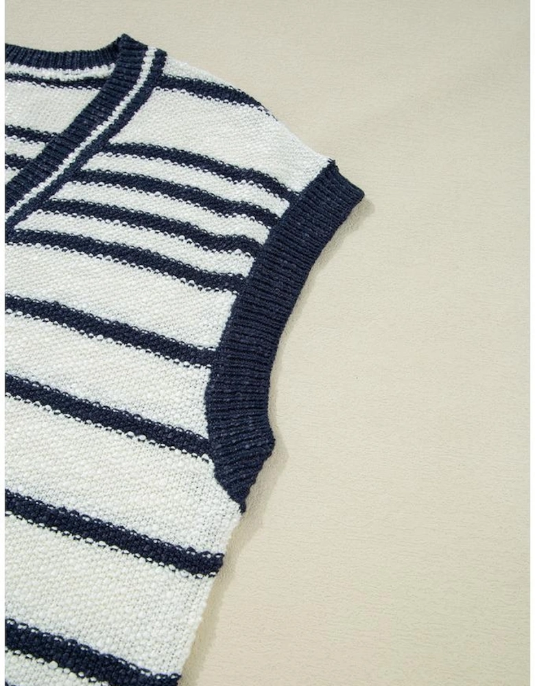 Blue Stripe Loose Buttoned V Neck Sweater Vest