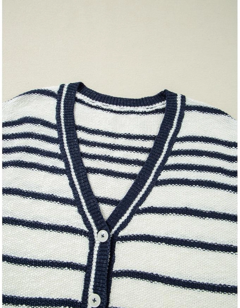 Blue Stripe Loose Buttoned V Neck Sweater Vest