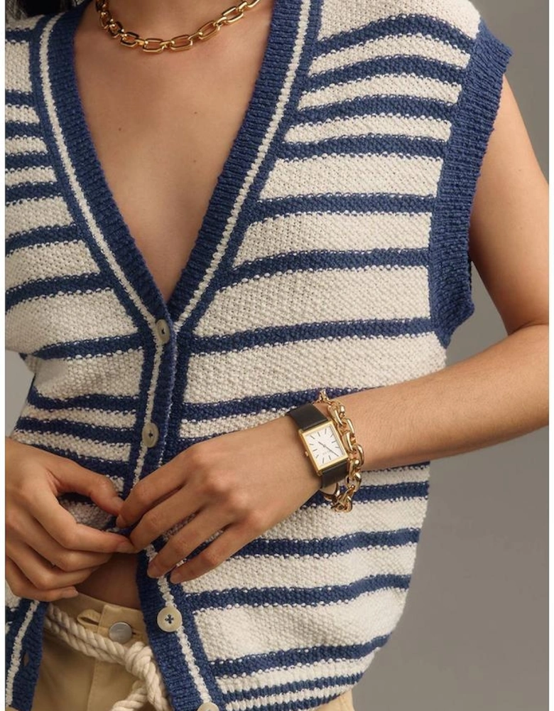 Blue Stripe Loose Buttoned V Neck Sweater Vest