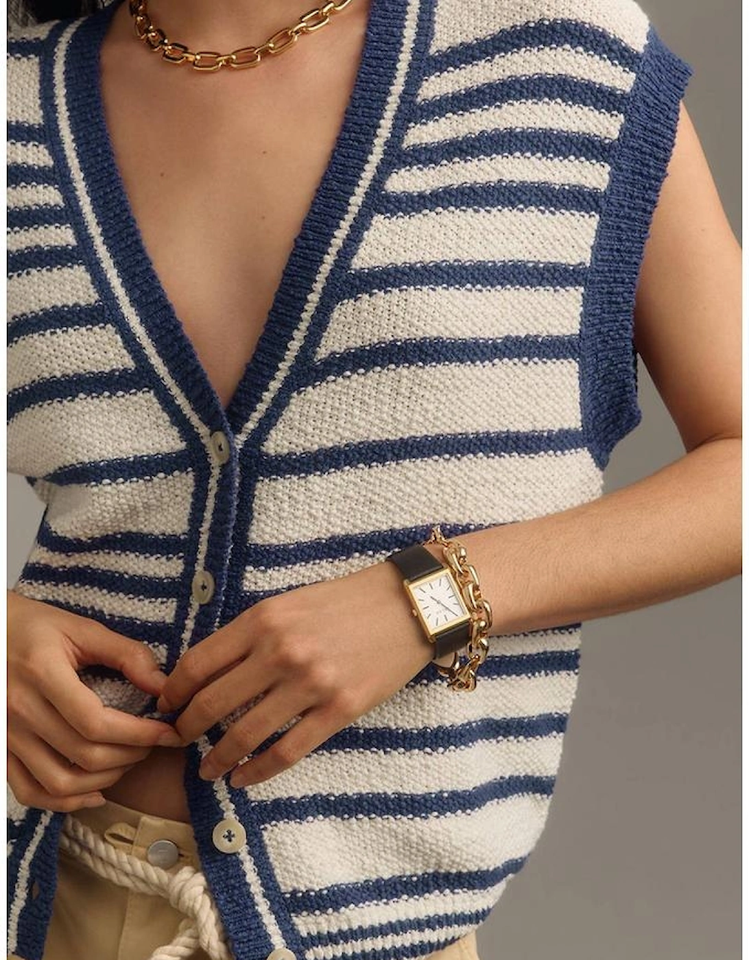 Blue Stripe Loose Buttoned V Neck Sweater Vest
