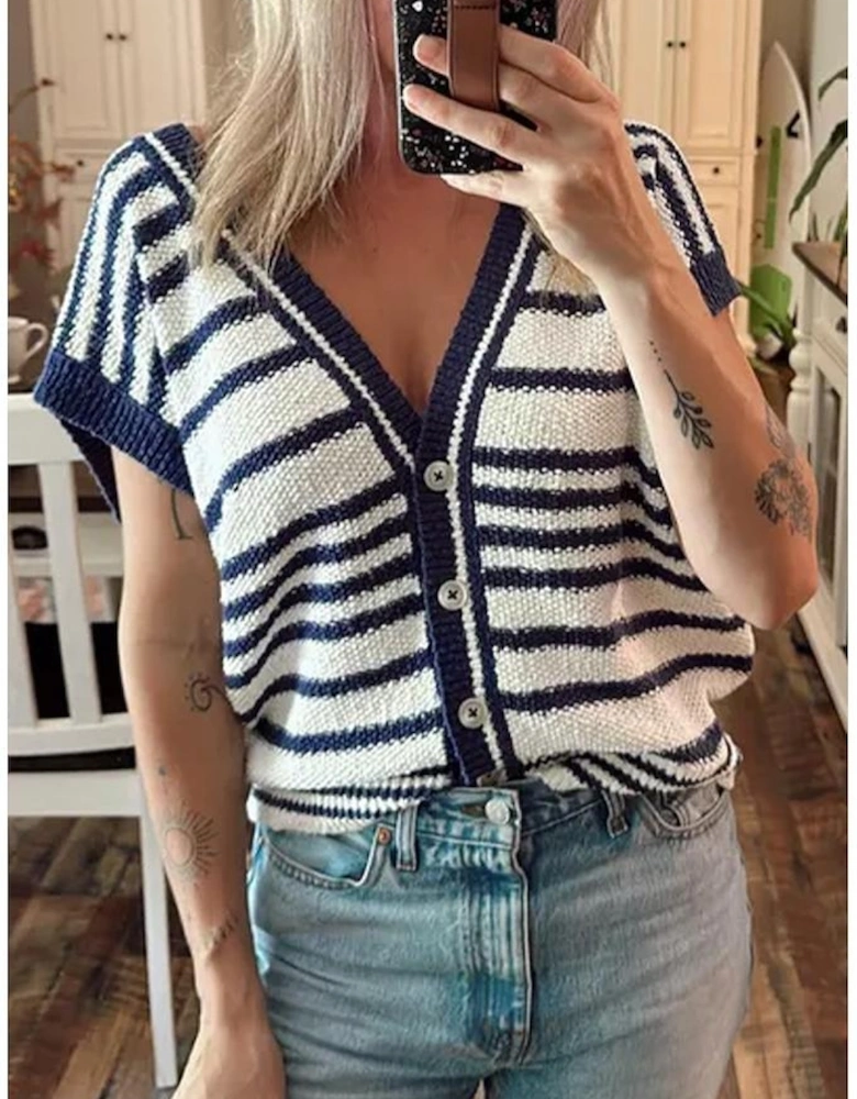 Blue Stripe Loose Buttoned V Neck Sweater Vest