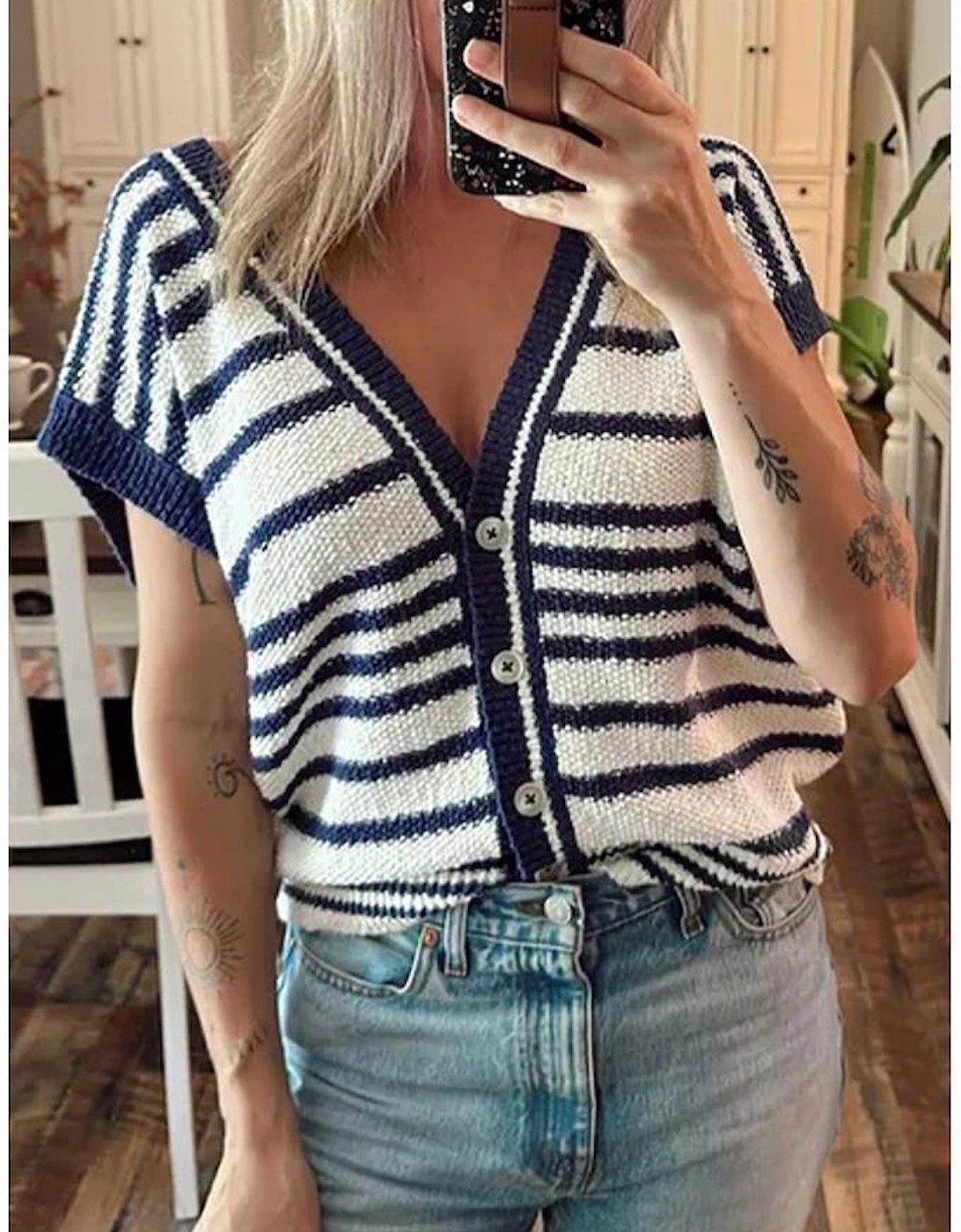 Blue Stripe Loose Buttoned V Neck Sweater Vest