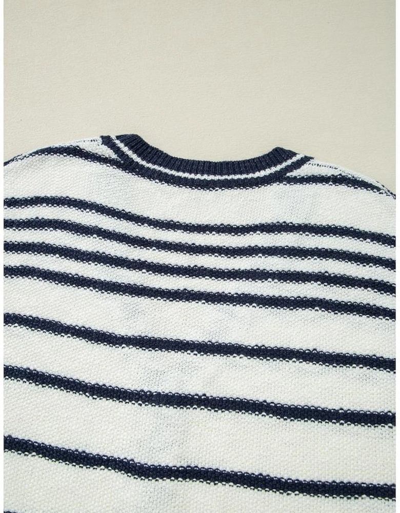 Blue Stripe Loose Buttoned V Neck Sweater Vest