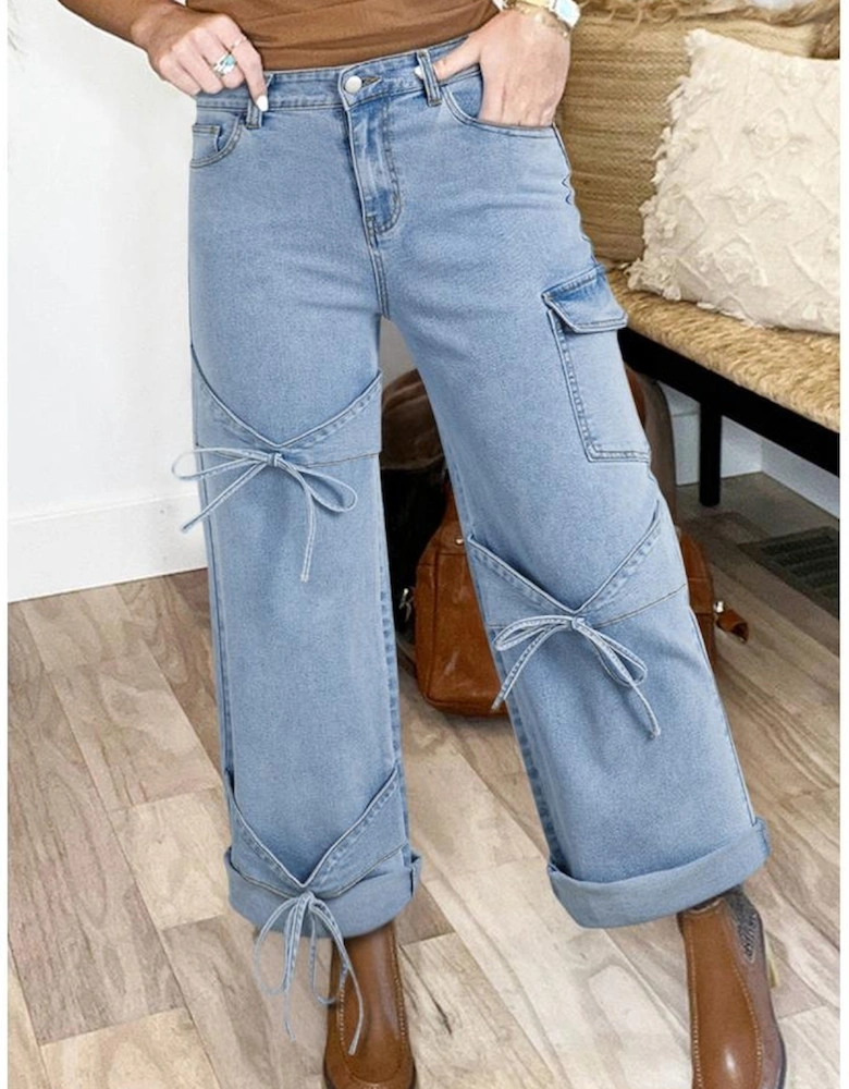 Beau Blue Bowknot Decor Boyfriend Cargo Jeans