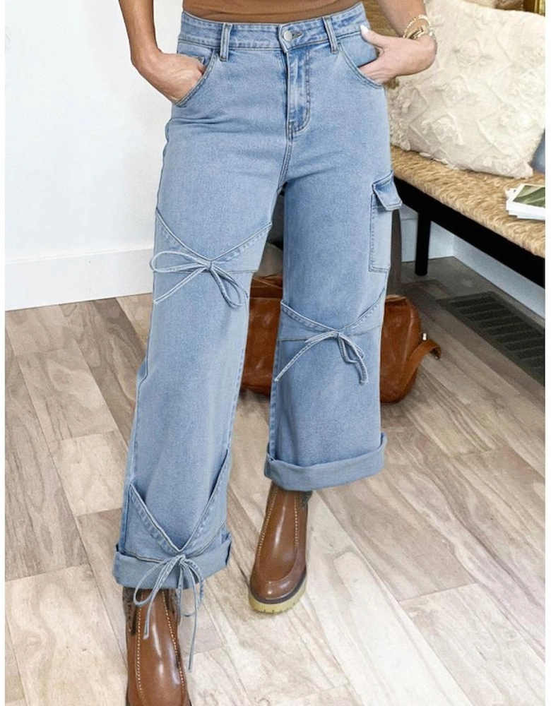 Beau Blue Bowknot Decor Boyfriend Cargo Jeans