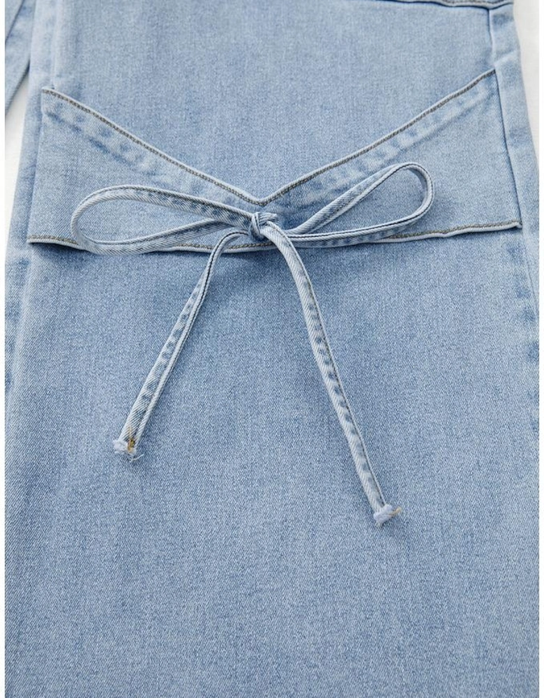 Beau Blue Bowknot Decor Boyfriend Cargo Jeans