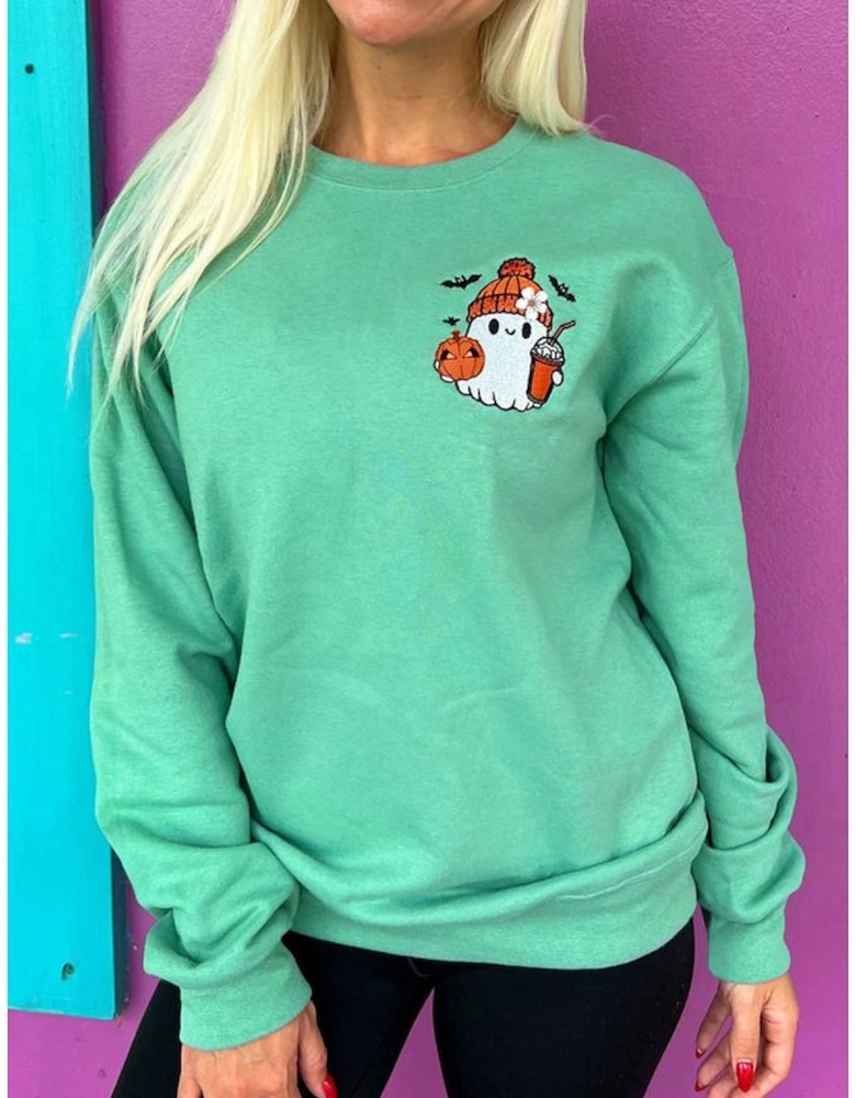 Aruba Blue Cute Halloween Ghost Embroidered Casual Sweatshirt