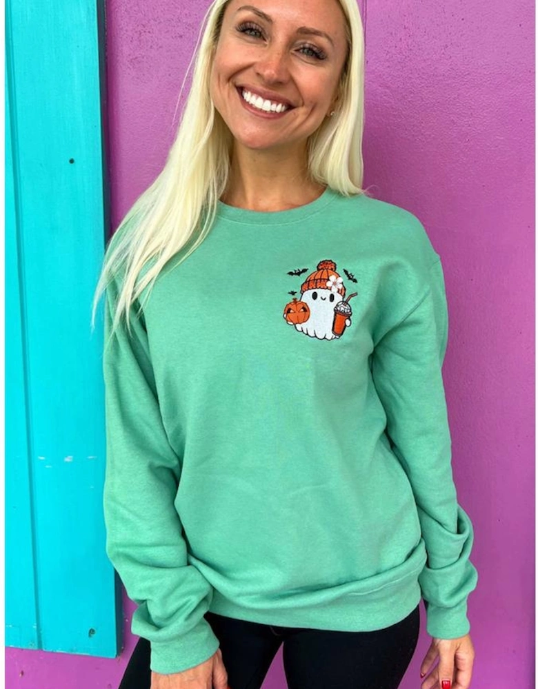 Aruba Blue Cute Halloween Ghost Embroidered Casual Sweatshirt