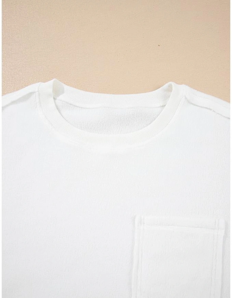 White Exposed Seam Chest Pocket Knit Pullover Sweatshirt