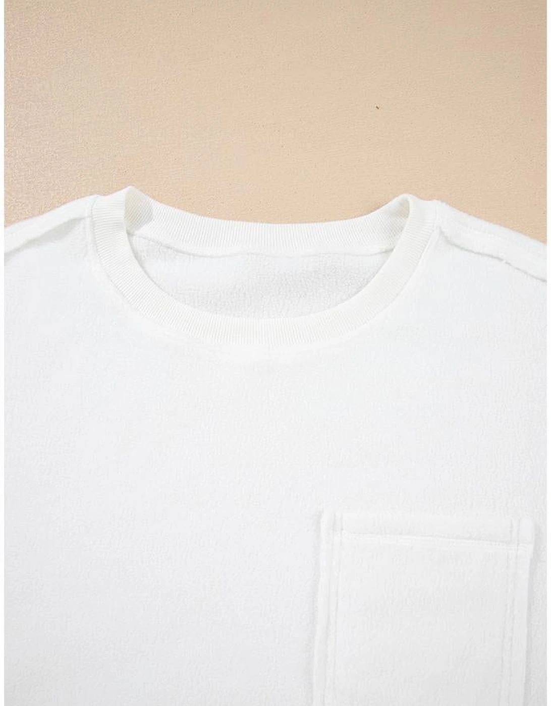 White Exposed Seam Chest Pocket Knit Pullover Sweatshirt