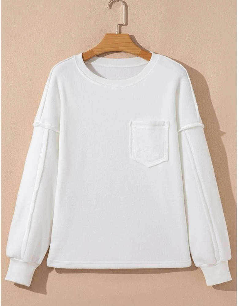 White Exposed Seam Chest Pocket Knit Pullover Sweatshirt