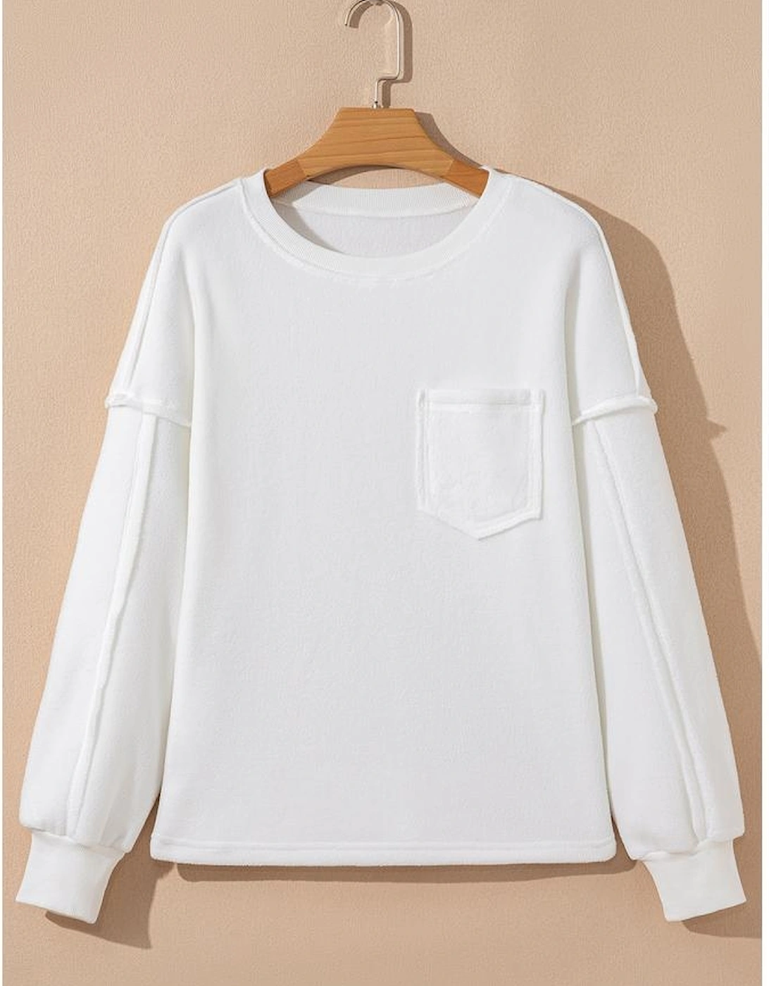 White Exposed Seam Chest Pocket Knit Pullover Sweatshirt
