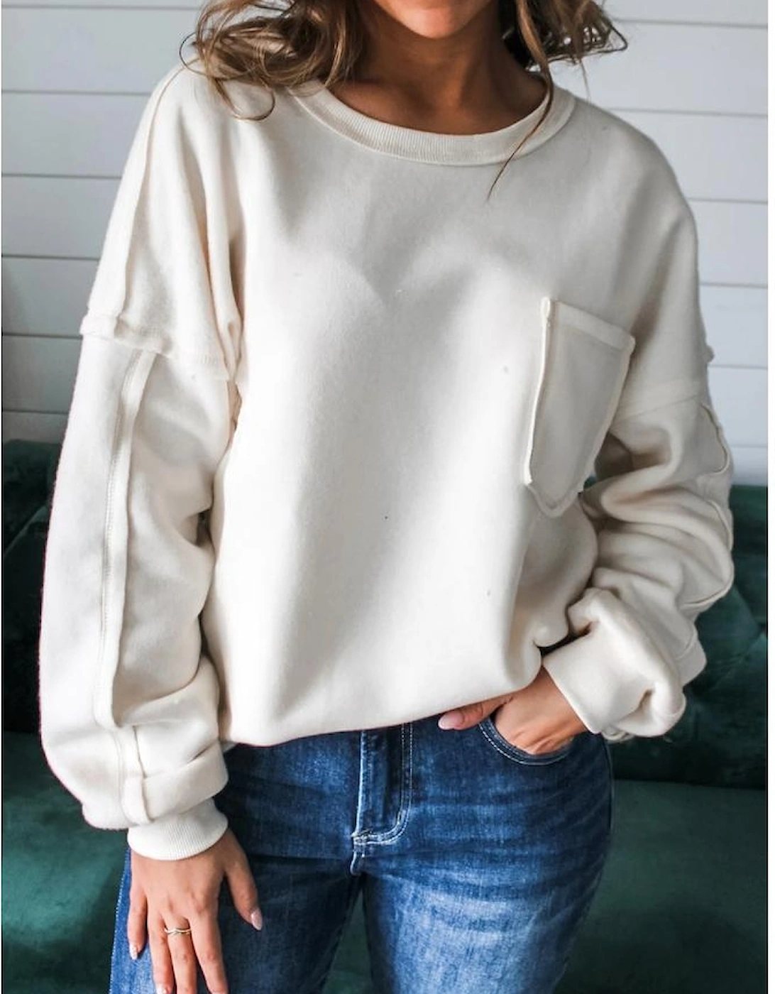 White Exposed Seam Chest Pocket Knit Pullover Sweatshirt