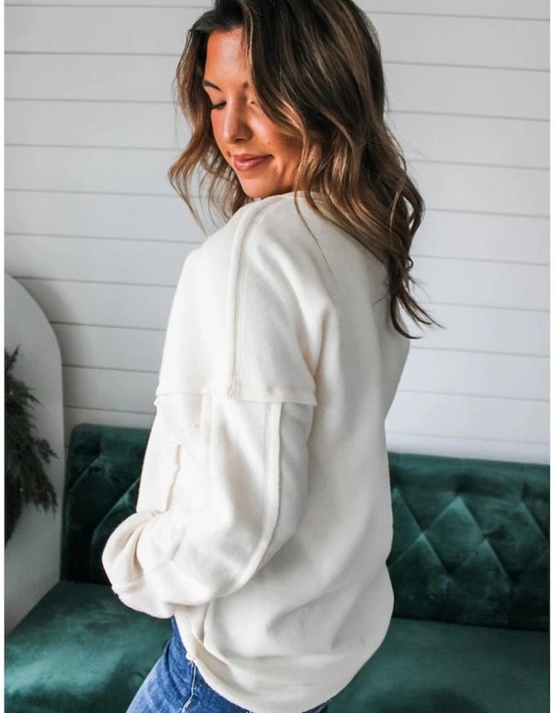 White Exposed Seam Chest Pocket Knit Pullover Sweatshirt