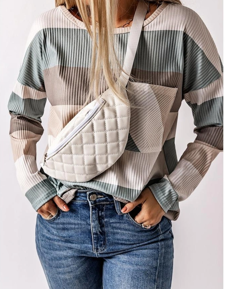 Green Color Block Ribbed Long Sleeve Top with Pocket