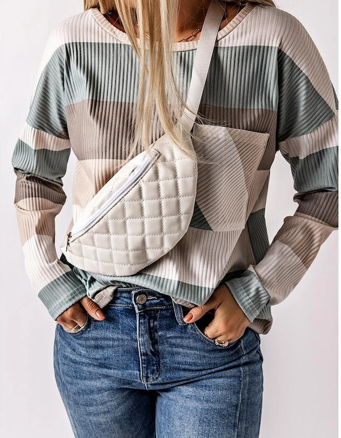 Green Color Block Ribbed Long Sleeve Top with Pocket