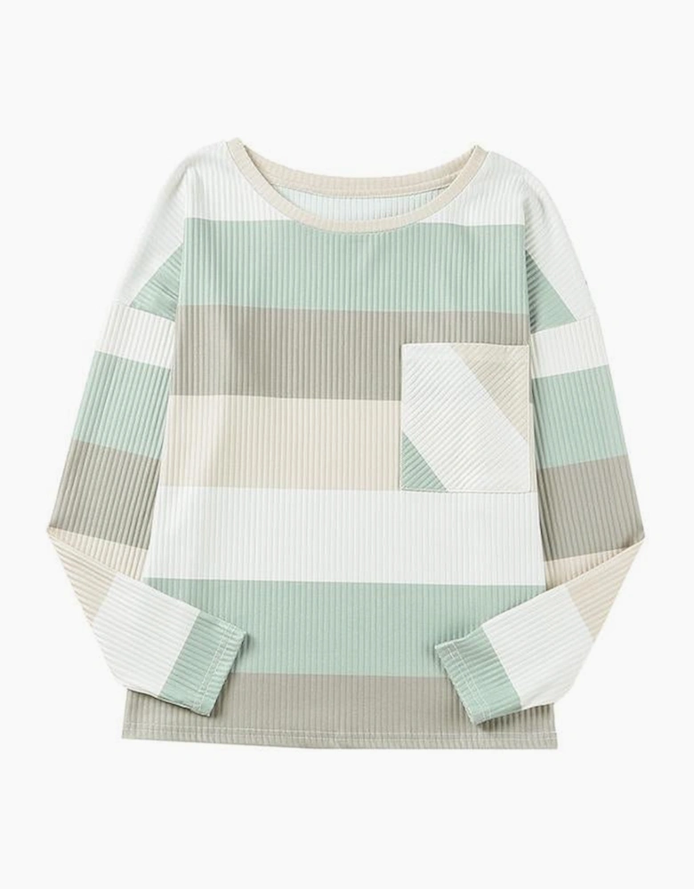 Green Color Block Ribbed Long Sleeve Top with Pocket