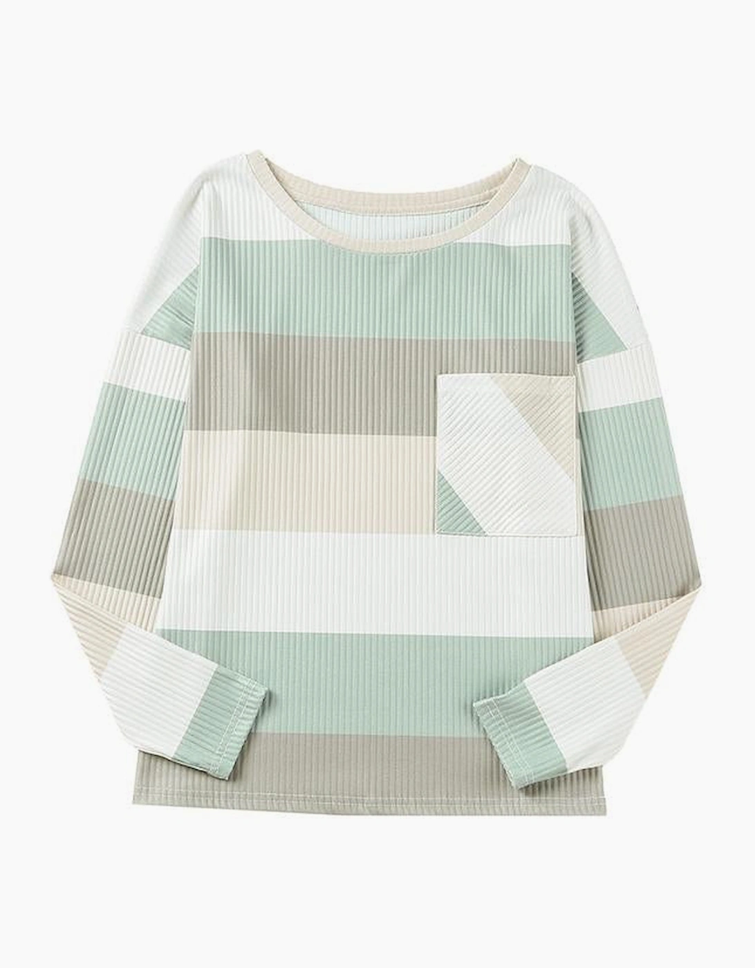 Green Color Block Ribbed Long Sleeve Top with Pocket