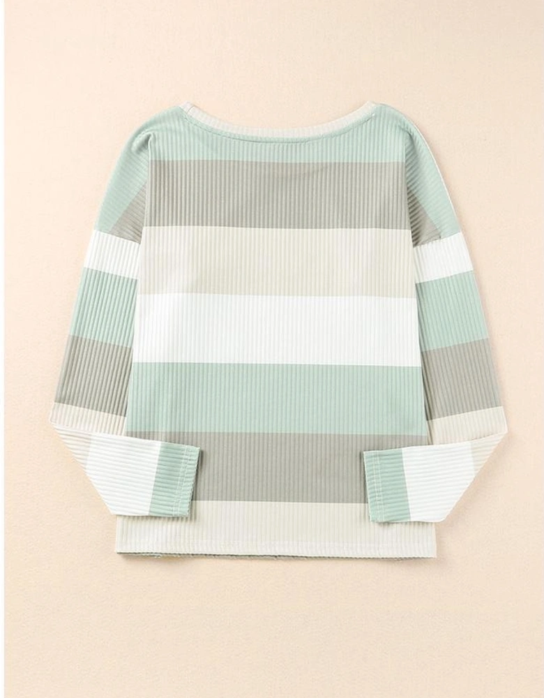 Green Color Block Ribbed Long Sleeve Top with Pocket