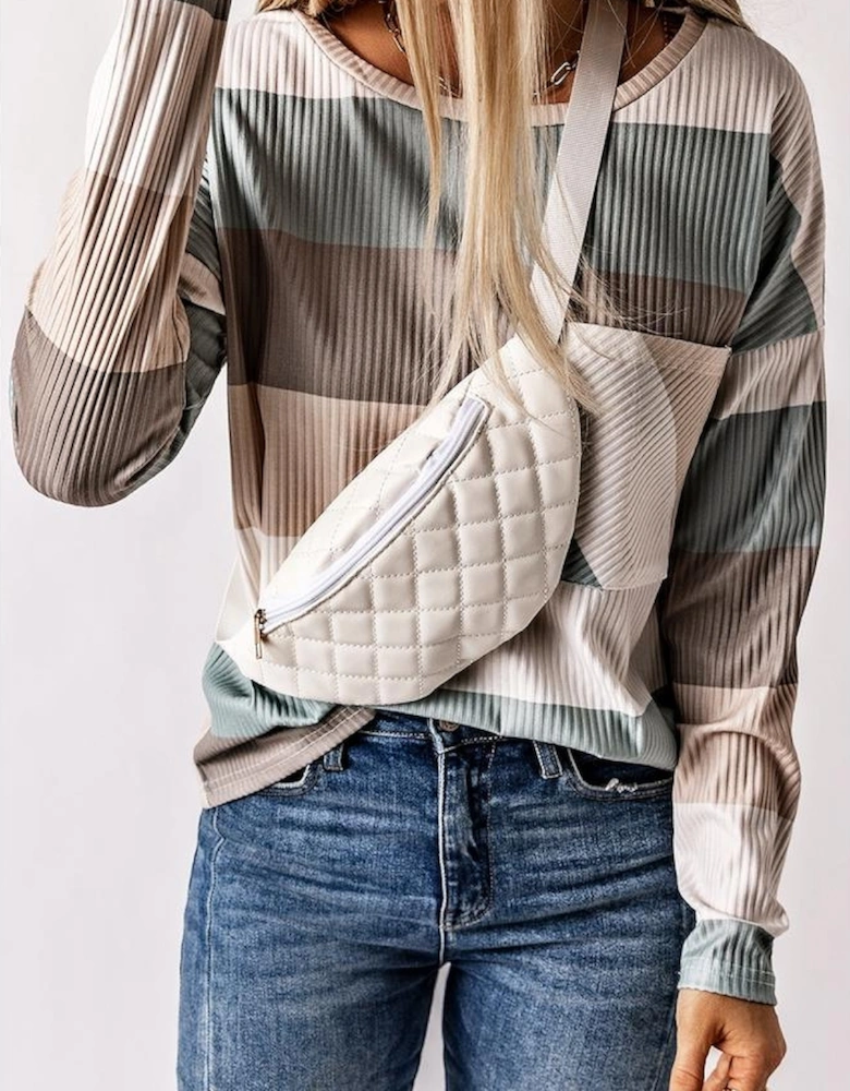 Green Color Block Ribbed Long Sleeve Top with Pocket