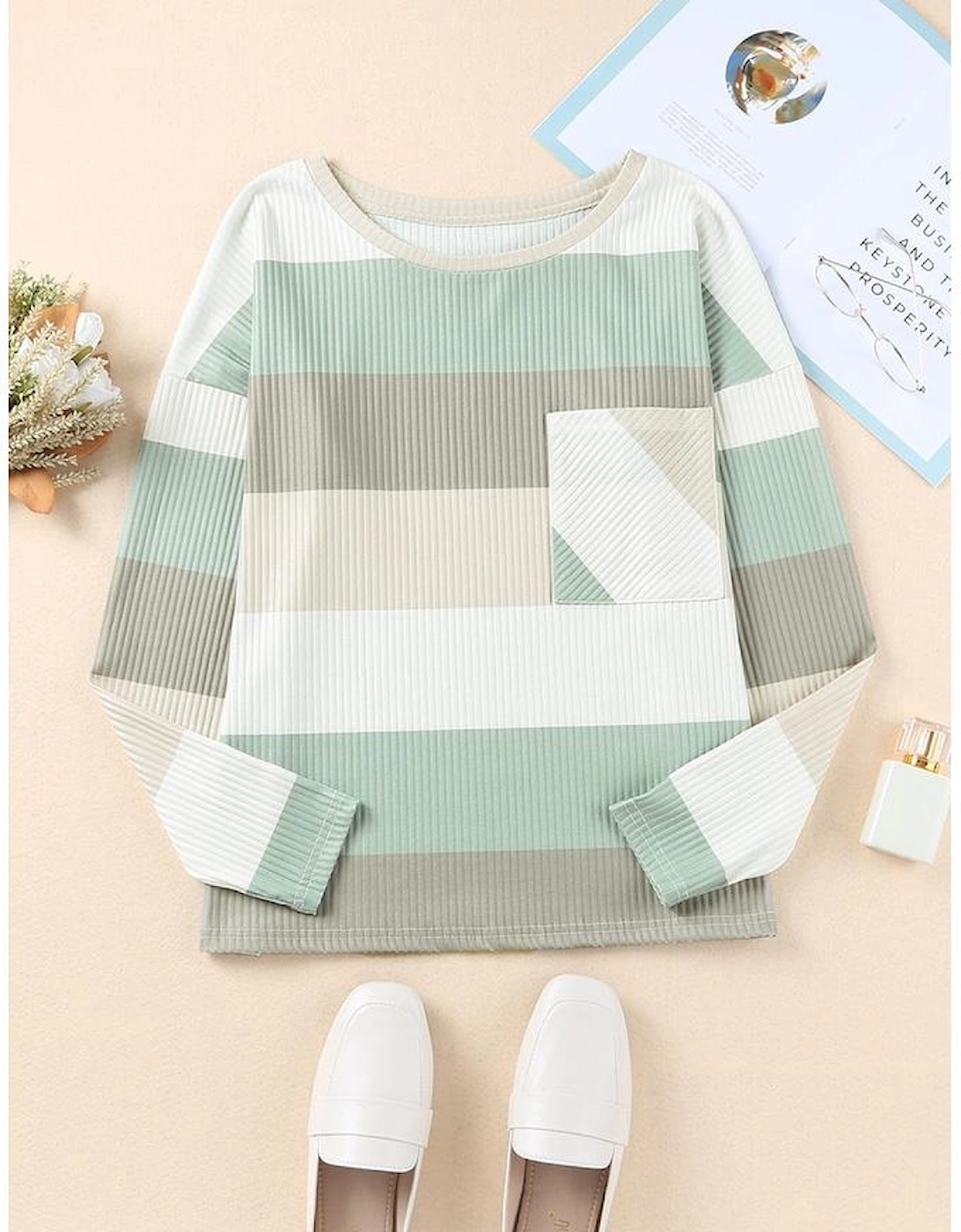 Green Color Block Ribbed Long Sleeve Top with Pocket