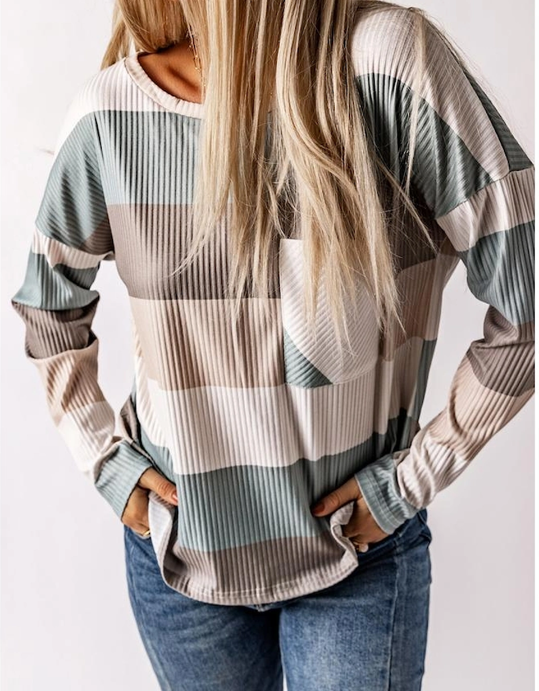 Green Color Block Ribbed Long Sleeve Top with Pocket