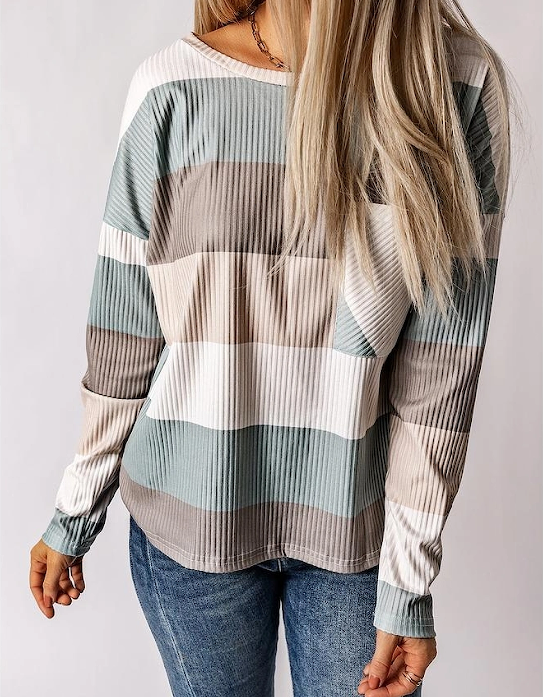 Green Color Block Ribbed Long Sleeve Top with Pocket
