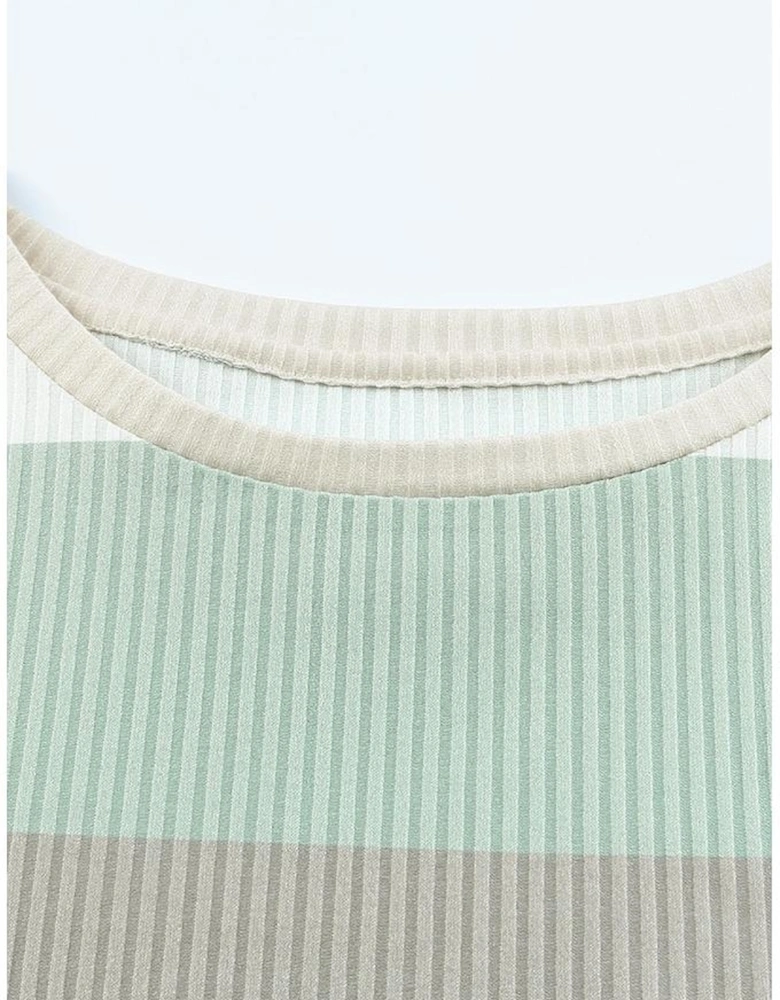 Green Color Block Ribbed Long Sleeve Top with Pocket