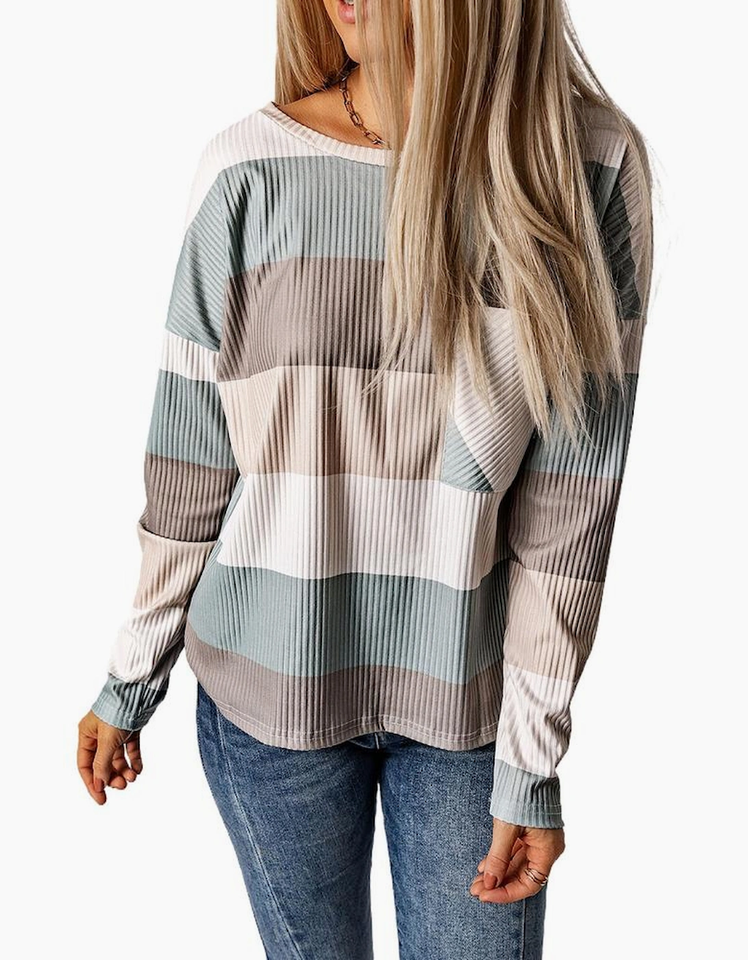 Green Color Block Ribbed Long Sleeve Top with Pocket
