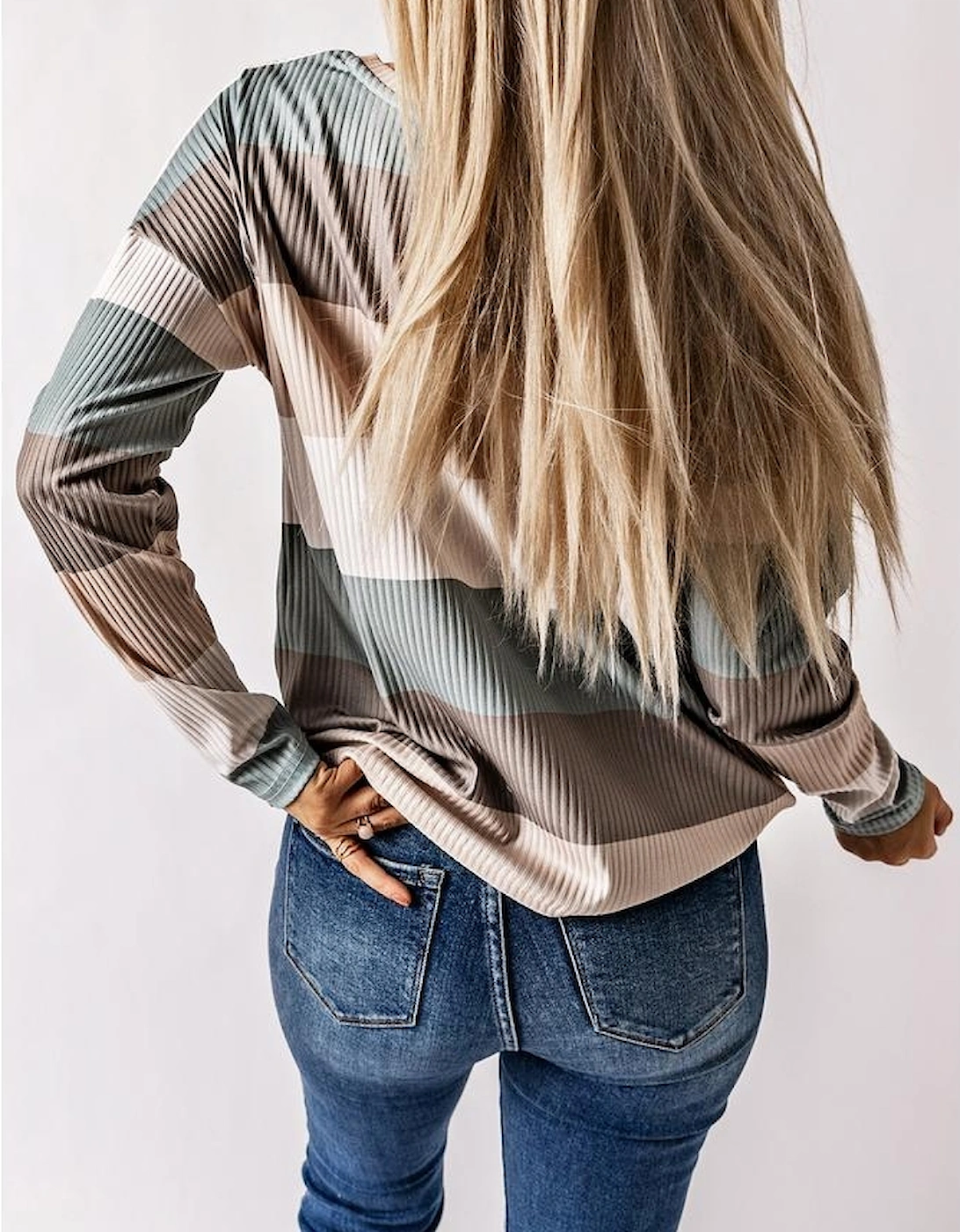 Green Color Block Ribbed Long Sleeve Top with Pocket