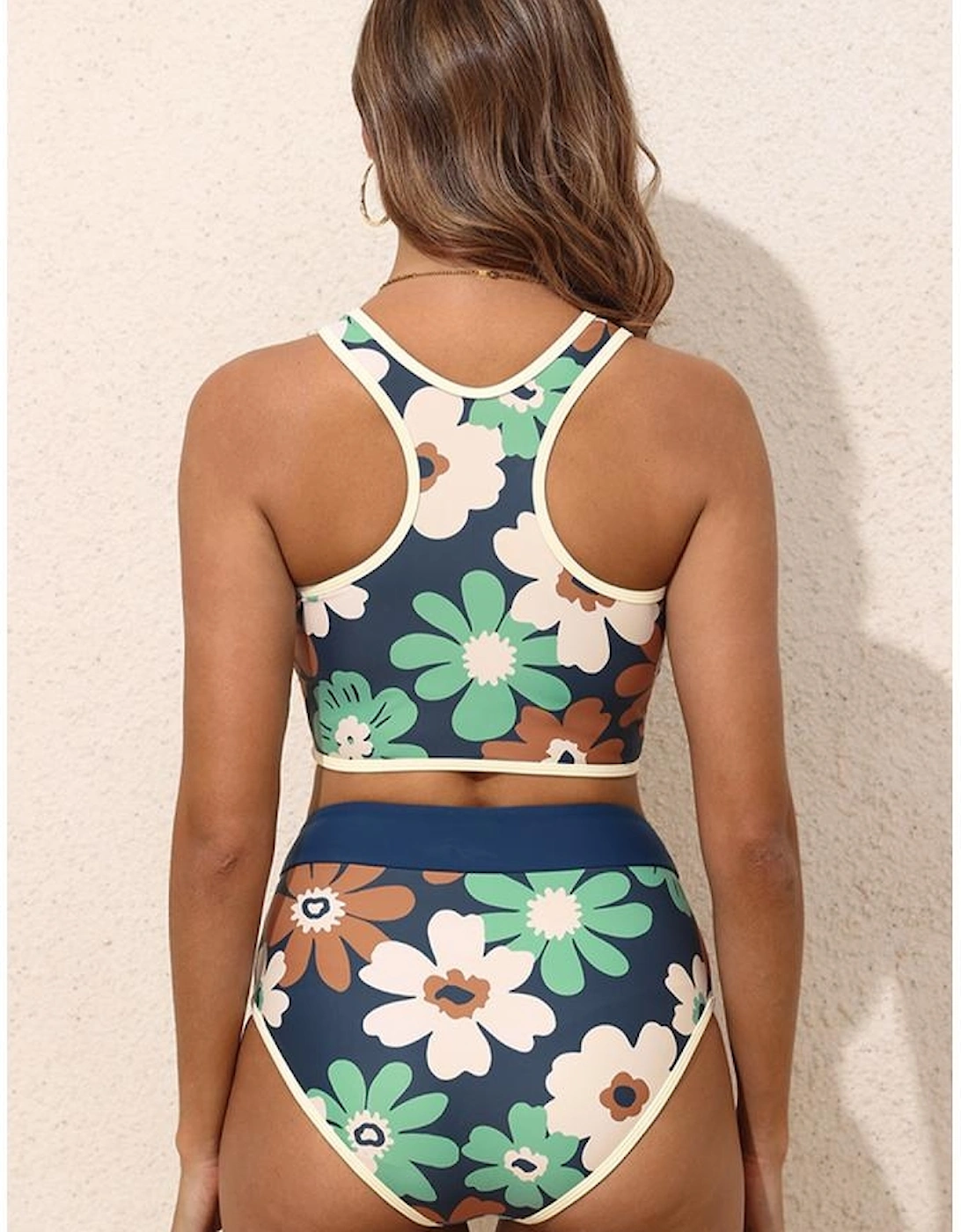 Blue Flower Zip up Racerback High Waisted Bikini