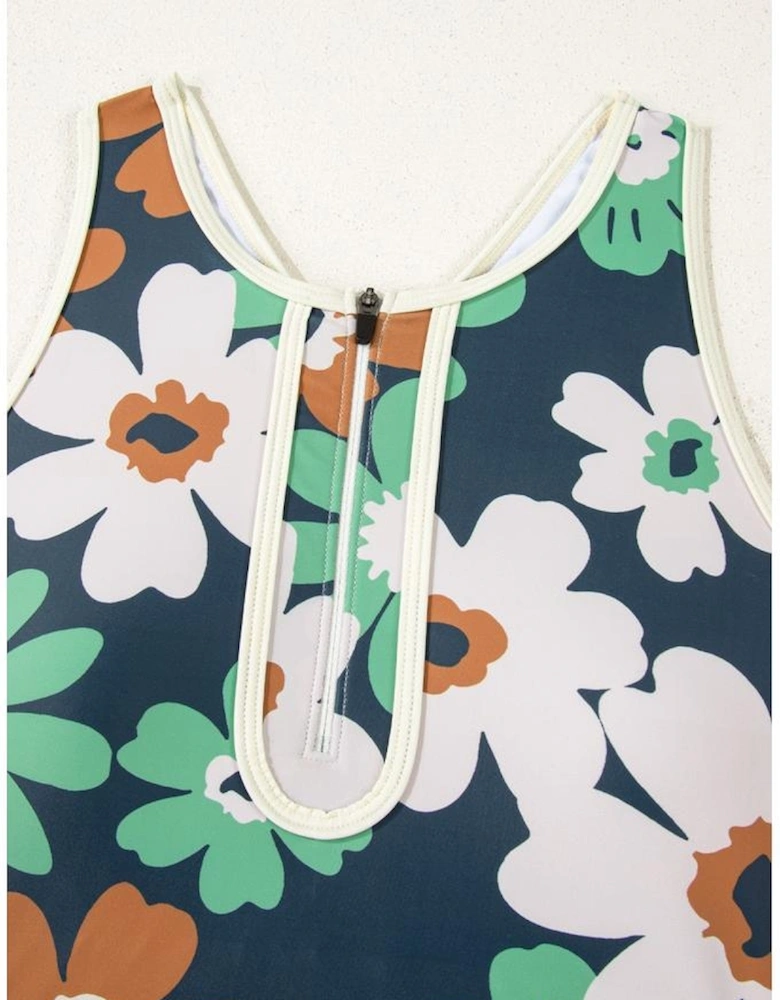 Blue Flower Zip up Racerback High Waisted Bikini