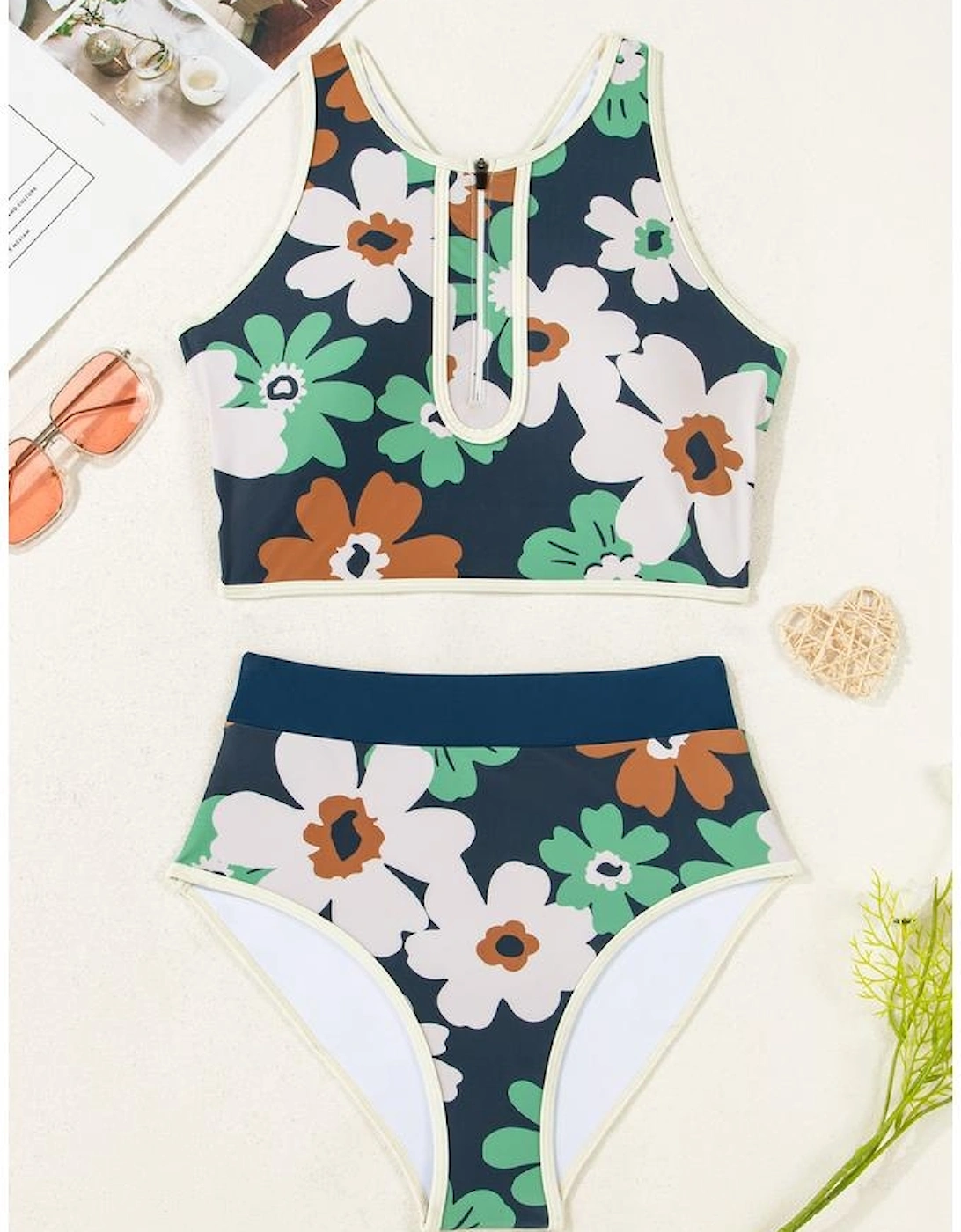 Blue Flower Zip up Racerback High Waisted Bikini