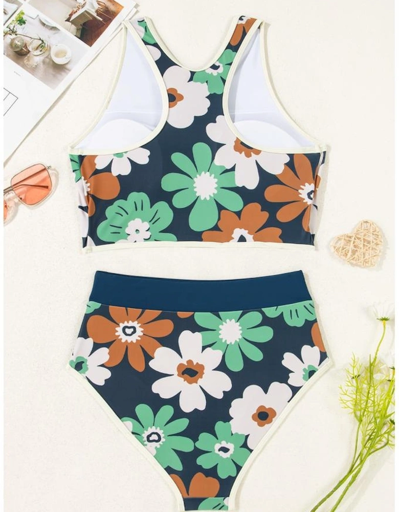 Blue Flower Zip up Racerback High Waisted Bikini