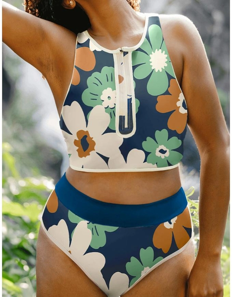 Blue Flower Zip up Racerback High Waisted Bikini