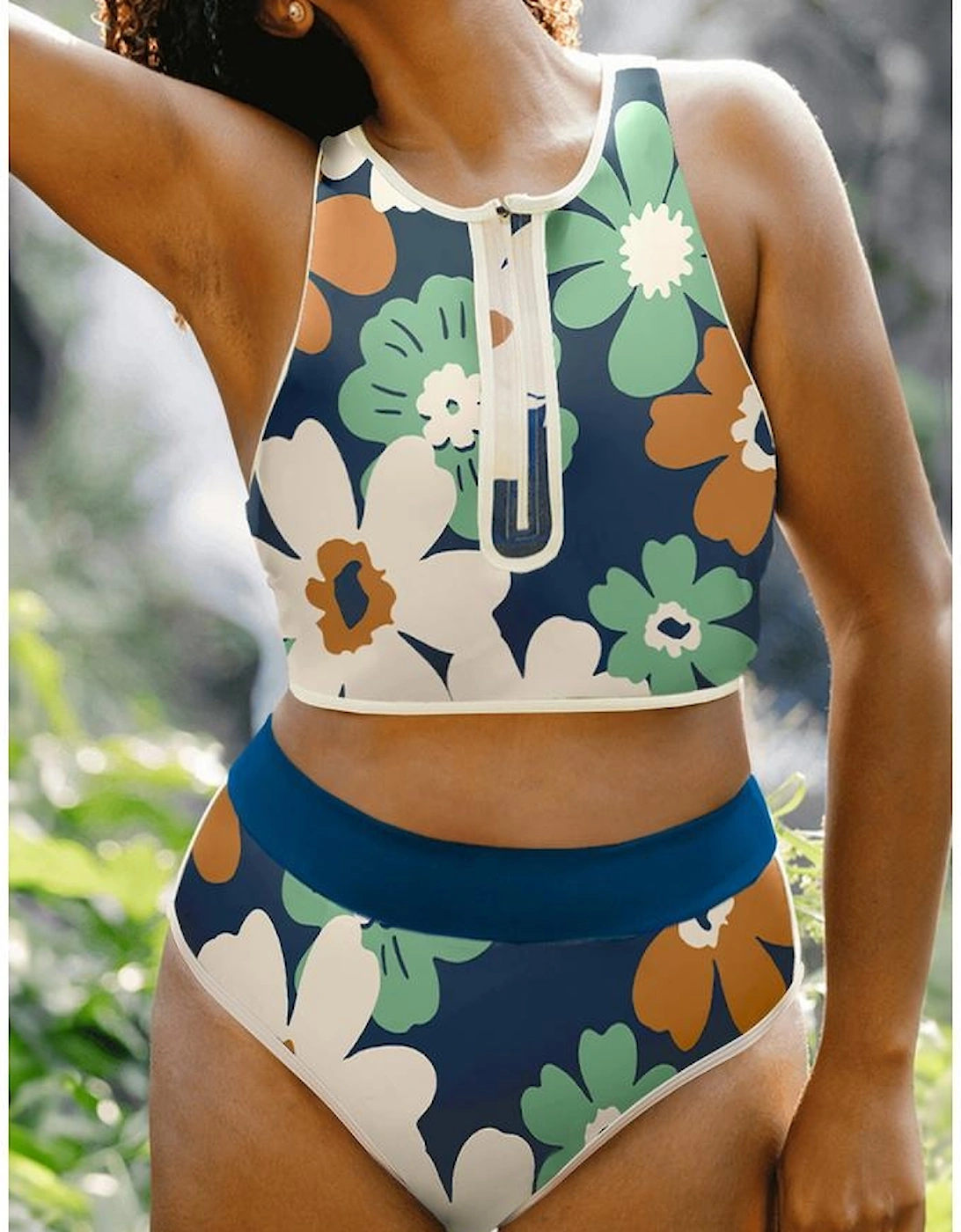 Blue Flower Zip up Racerback High Waisted Bikini