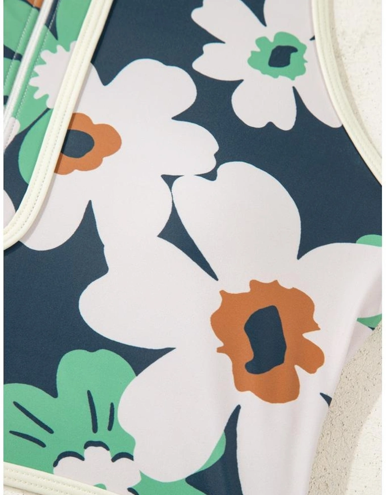 Blue Flower Zip up Racerback High Waisted Bikini