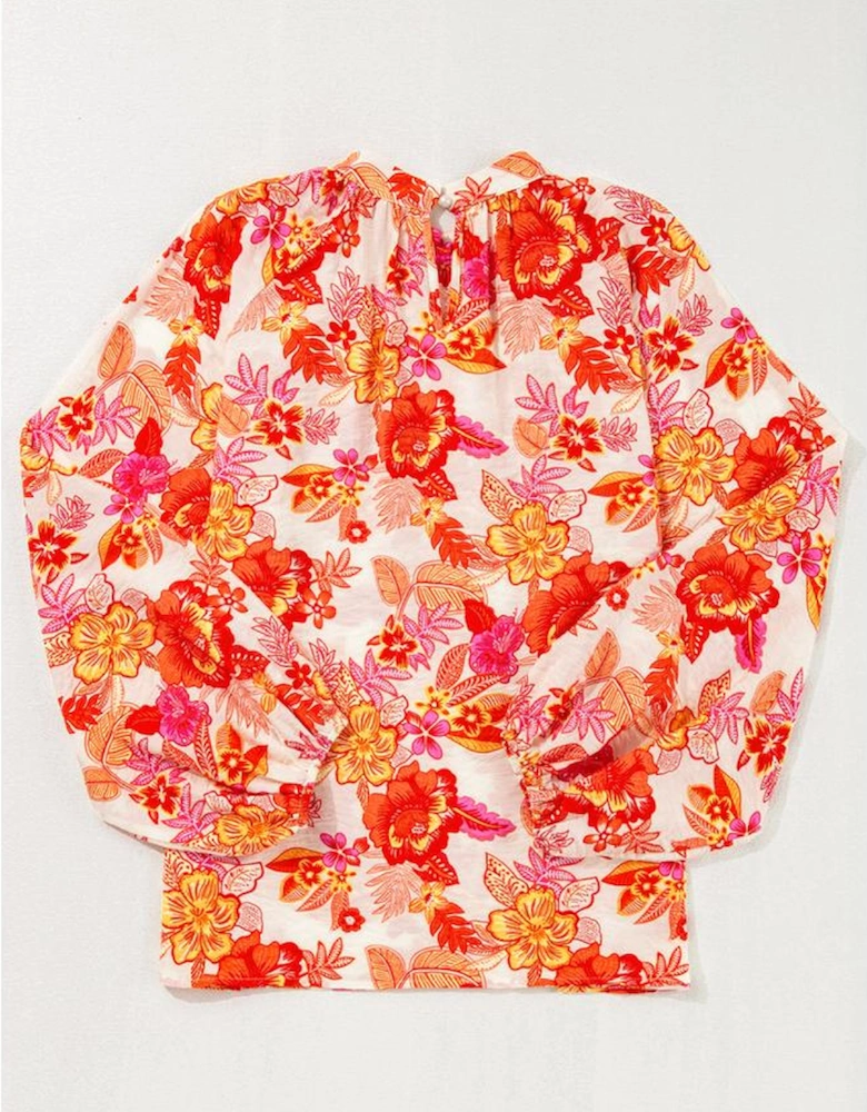 Orange Floral Print Pearl Button Keyhole Long Puff Sleeve Blouse