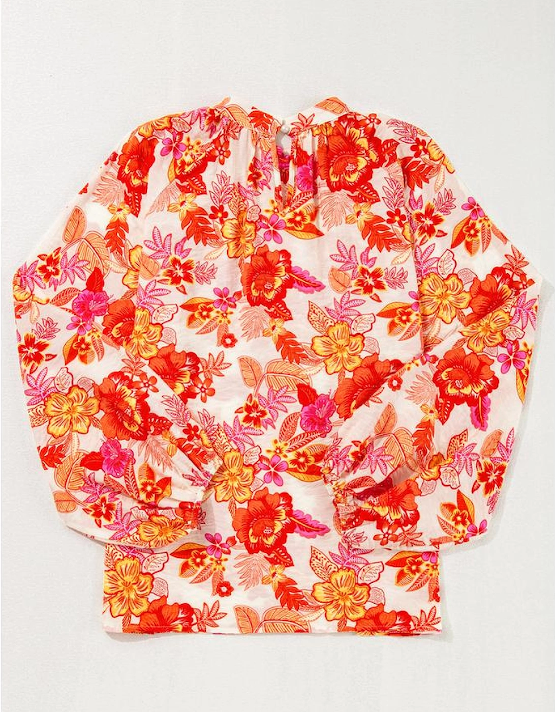 Orange Floral Print Pearl Button Keyhole Long Puff Sleeve Blouse