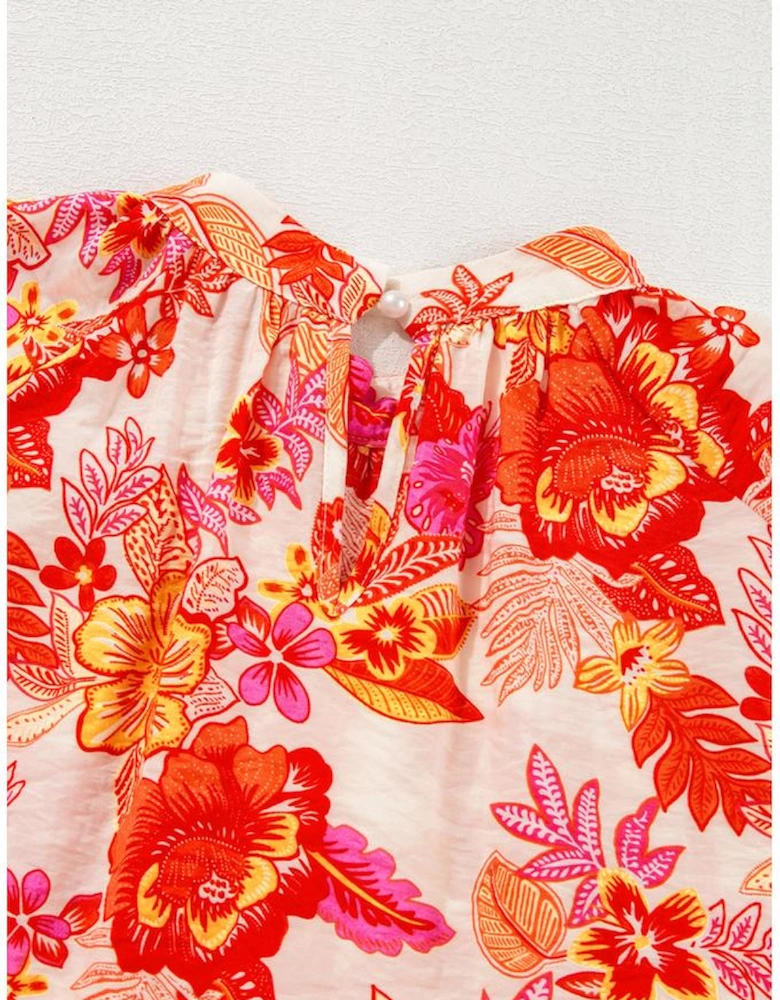 Orange Floral Print Pearl Button Keyhole Long Puff Sleeve Blouse