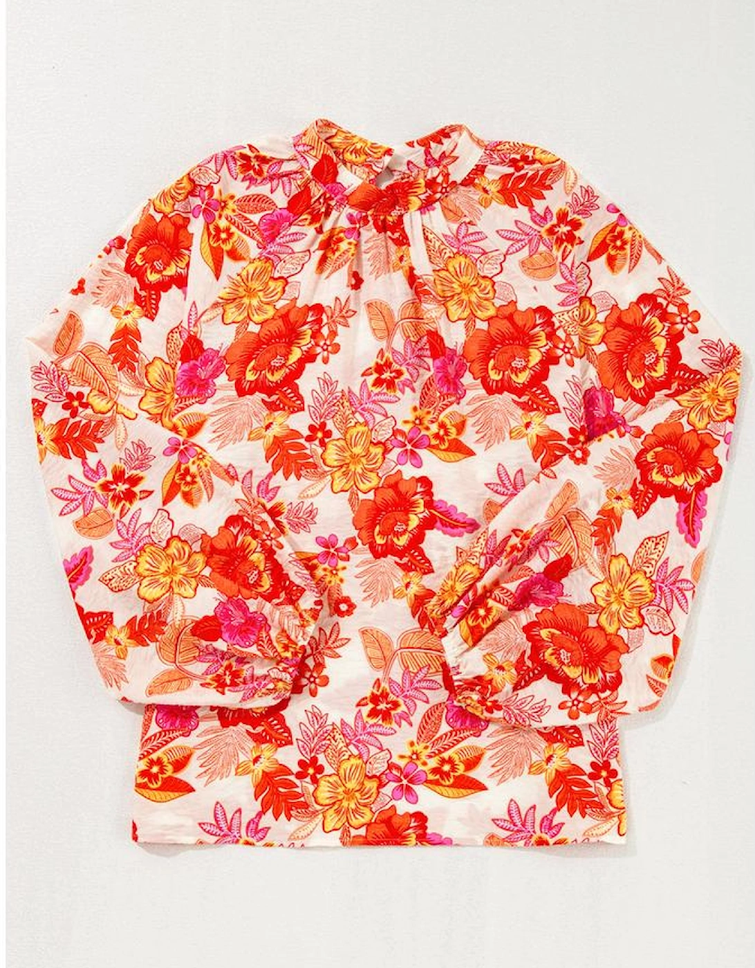 Orange Floral Print Pearl Button Keyhole Long Puff Sleeve Blouse, 12 of 11