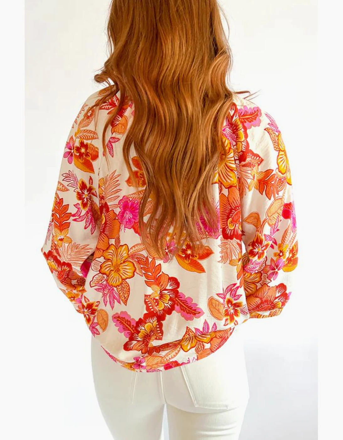 Orange Floral Print Pearl Button Keyhole Long Puff Sleeve Blouse