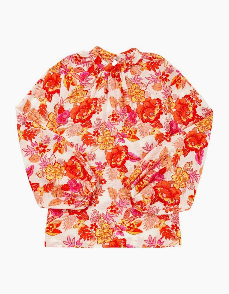 Orange Floral Print Pearl Button Keyhole Long Puff Sleeve Blouse